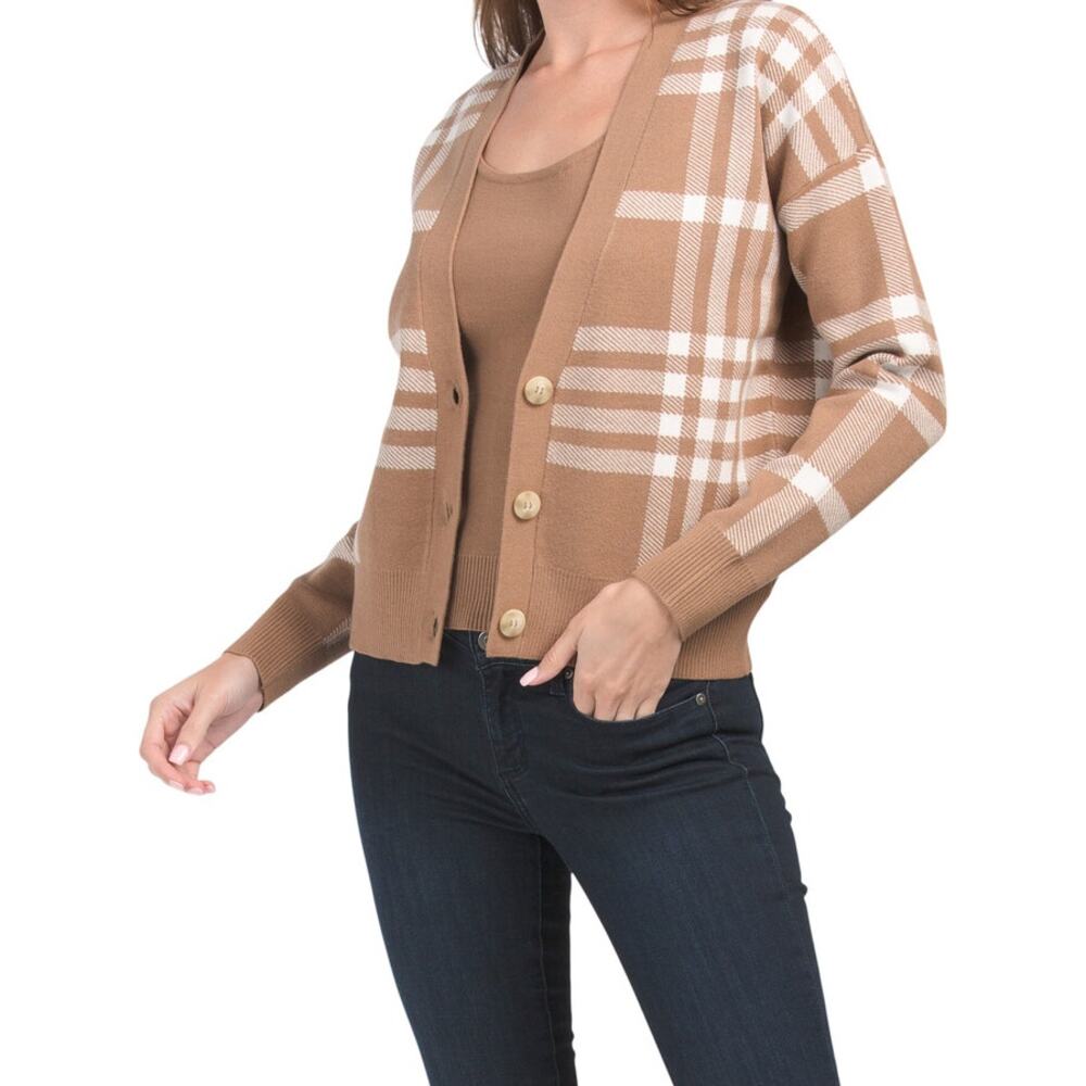 Rachel Zoe Brown White Plaid Cardigan Sweater Size‎ Large Super Soft